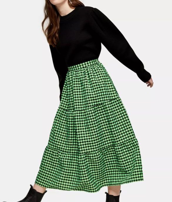 topshop green gingham midi tiered skirt